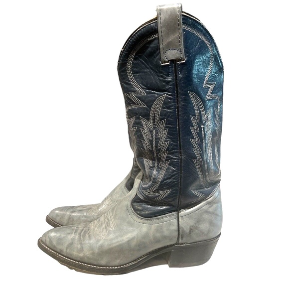 Double H Canada Navy & Grey Leather Embroidered Western Cowboy Boots US 8.5 - Picture 3 of 8